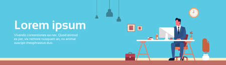 Business Man Sitting Desk Office Working Place Computer Workplace Flat Vector Illustrationのイラスト素材