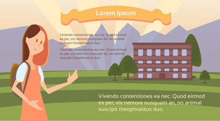 Schoolgirl With Backpack Go to School Student Univarsity Education Concept Flat Vector Illustrationのイラスト素材