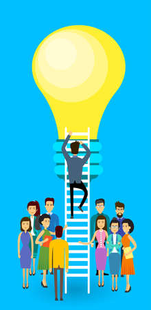 Asian Business People Group Businessman Climb Up Ladder Stairs To Light Bulb New Idea Concept Asia Businesspeople Team Flat Vector Illustrationのイラスト素材