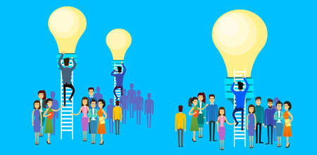 Asian Business People Group Businessman Climb Up Ladder Stairs To Light Bulb New Idea Concept Asia...