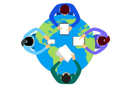 Business People Sitting Desk Globe Top View Global International Collaboration Flat Vector Illustrationのイラスト素材