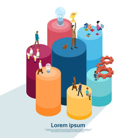 Business People Group Working Cylinder Diagram Financial Graph Businesspeople 3d Isometric Vector Illustrationのイラスト素材