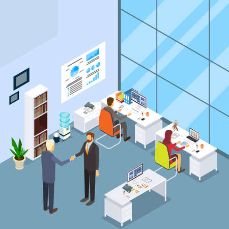 Office Interior, Two Businessman Hand Shake Businesspeople Desk Working 3d Isometric Vector Illustrationのイラスト素材