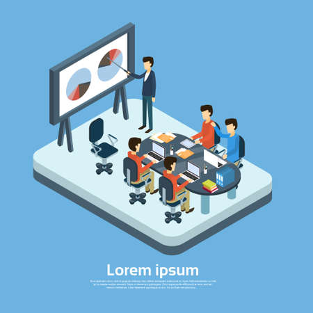 Business People Meeting Seminar Training Conference Businesspeople Group Brainstorming Presentation Financial Chart 3d Isometric Vector Illustrationのイラスト素材