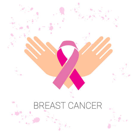 Palms Hold Pink Ribbon Breast Cancer Awareness Flat Vector Illustrationのイラスト素材