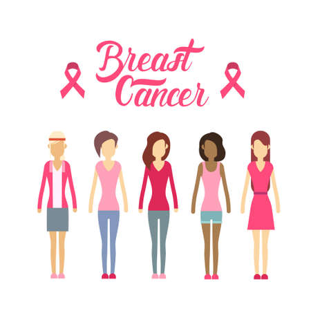 Young Girl Group Breast Cancer Awareness Concept Vector Illustrationのイラスト素材
