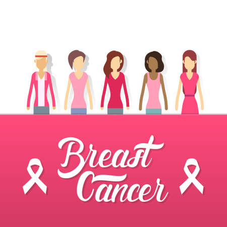 Young Girl Group Breast Cancer Awareness Concept Vector Illustrationのイラスト素材