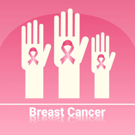 Palms Hold Pink Ribbon Breast Cancer Awareness Flat Vector Illustrationのイラスト素材