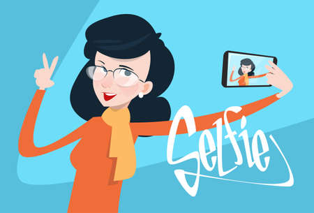 Woman Taking Selfie Photo On Smart Phone Flat Vector Illustration