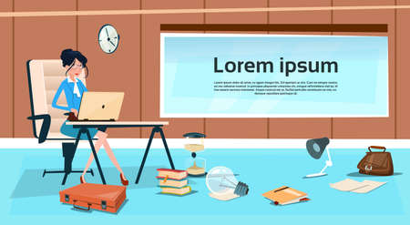 Business Woman Sitting Desk Working Laptop Computer Businesswoman Typing Flat Vector Illustrationのイラスト素材