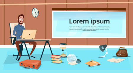 Business Man Sitting Desk Working Laptop Computer Businessman Typing Flat Vector Illustrationのイラスト素材