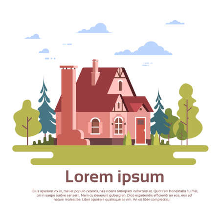 Big Modern House Residence Estate With Garden Flat Vector Illustrationのイラスト素材