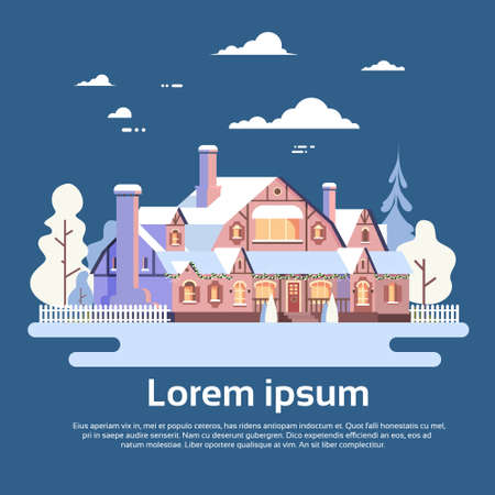Big Modern House Residence Estate With Garden Winter View Flat Vector Illustrationのイラスト素材