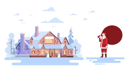 Santa Claus With Big Gift Sack Coming To House Happy New Year Merry Christmas Banner Flat Vector Illustrationのイラスト素材