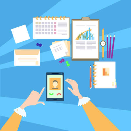 Hand Touch Cell Smart Phone Call, Business Office Workplace Desk Top Angle Above View Vector Illustrationのイラスト素材