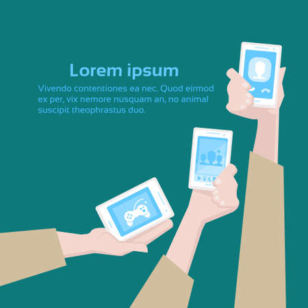 Hands Group Hold Cell Smart Phones Flat Vector Illustrationのイラスト素材