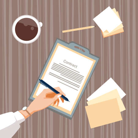 Contract Sign Up Paper Document Business People Agreement Pen Signature Office Desk Flat Vector Illustrationのイラスト素材