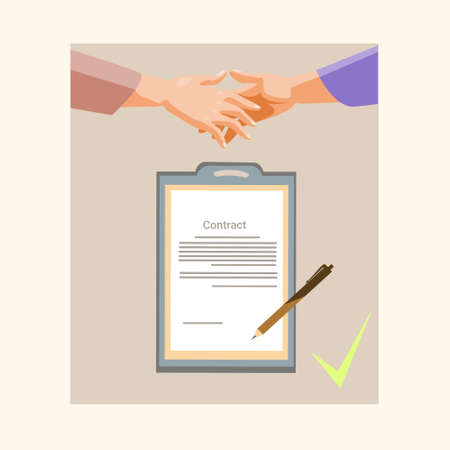 Handshake Businessman Contract Sign Up Paper Document, Business Man Hands Shake Pen Signature Flat Vector Illustrationのイラスト素材