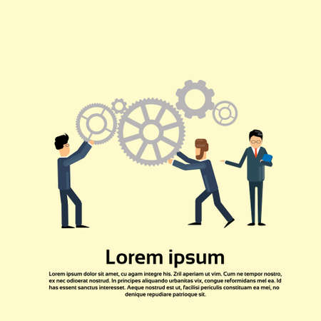 Businesspeople Push Cogwheel Teamwork Brainstorm Concept Flat Vector Illustrationのイラスト素材