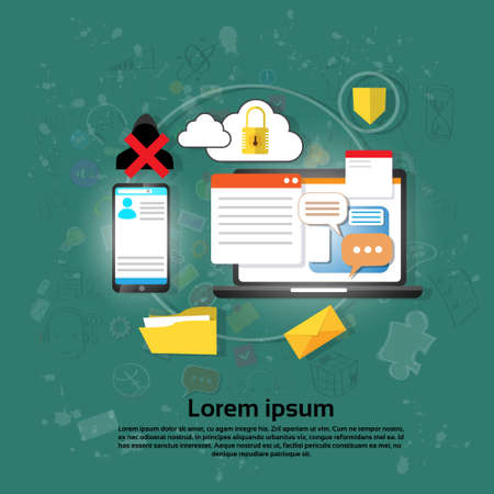 Computer Device Data Cloud Storage Security Flat Vector Illustrationのイラスト素材