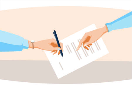 Contract Sign Up Paper Document Business People Agreement Pen Signature Flat Vector Illustrationのイラスト素材
