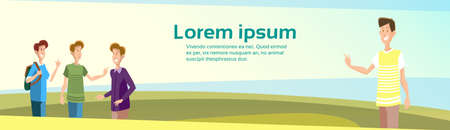 Young Boys Group Students Crowd Speaking Friends Communication Flat Vector Illustrationのイラスト素材