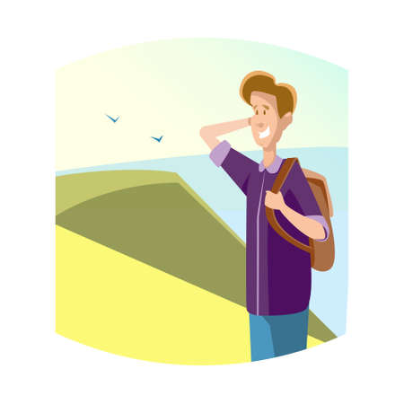 Young Boy Student University Education Over Nature Seaside Background Flat Vector Illustrationのイラスト素材