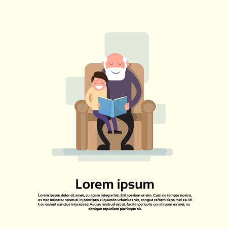 Grandfather Sit With Grandson In Armchair Read Book Small Child Flat Vector Illustrationのイラスト素材