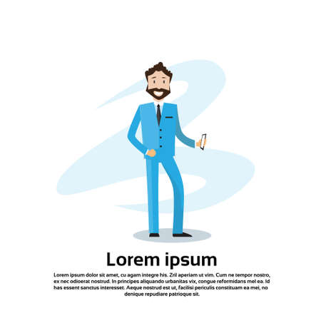 Business Man Holding Mobile Phone Call, Using Cellphone Flat Vector Illustrationのイラスト素材