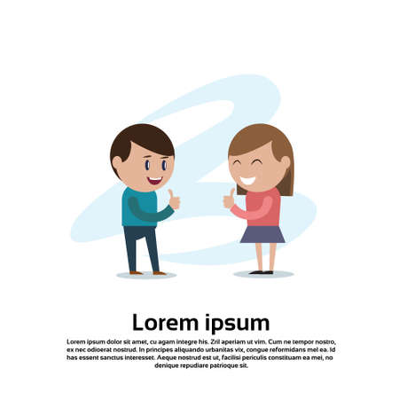 Young Couple Boy And Girl Teenagers Thumb Up Hand Gesture Flat Vector Illustrationのイラスト素材