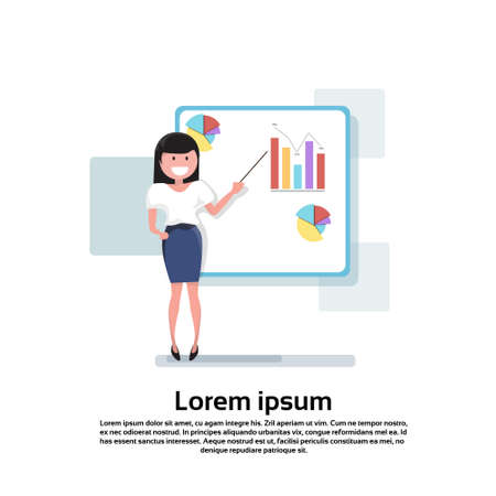 Business Woman With Flip Chart Seminar Training Conference Brainstorming Presentation Financial Flat Vector Illustrationのイラスト素材
