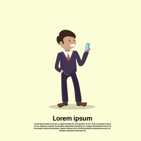 Business Man Holding Mobile Phone Call, Using Cellphone Flat Vector Illustrationのイラスト素材