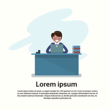 Business Man Sitting Desk Working Laptop Computer Flat Vector Illustrationのイラスト素材