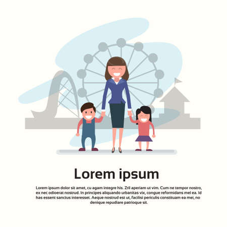 Mother With Son Daughter Happy Family Woman Two Kids In Amusement Park Flat Vector Illustrationのイラスト素材