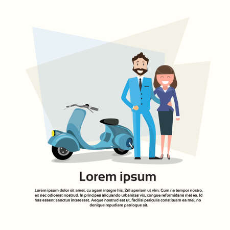 Couple Business Man And Woman Embrace Stand Near Motorcycle Scooter Flat Vector Illustrationのイラスト素材