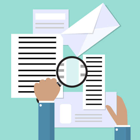 Business Man Hand Hold Magnifying Glass Mail Document Paperwork Flat Vector Illustrationのイラスト素材