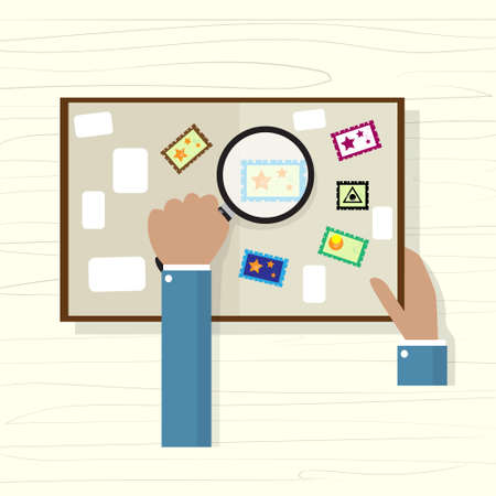 Business People Hand Hold Magnifying Glass Looking Postage Stamp Collection Flat Vector Illustrationのイラスト素材