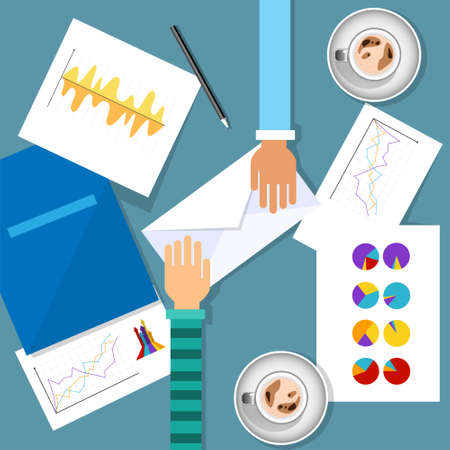 Business Meeting Workplace Finance Graph Charts Document Desk Flat Vector Illustrationのイラスト素材