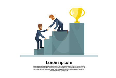 Two Business Man Climb Stairs Podium Golden Cup Successful Team Teamwork Concept Flat Vector Illustrationのイラスト素材