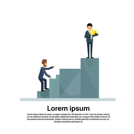 Business Man Climb Podium Businessman Hold Golden Cup Competition Concept Flat Vector Illustrationのイラスト素材