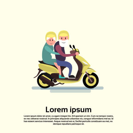 Senior Man Woman Couple Ride Motorcycle Flat Vector Illustrationのイラスト素材