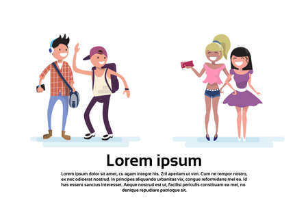 Young People Group Student Teenager Boys Wave Hand To Girls Flat Vector Illustrationのイラスト素材