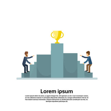 Business Man Climb Podium Golden Cup Competition Concept Flat Vector Illustrationのイラスト素材