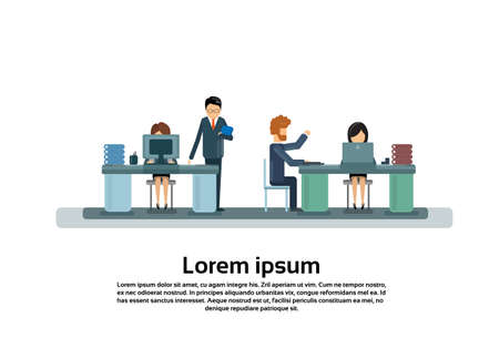 Business People Meeting Office Desk Businesspeople Working Flat Vector Illustrationのイラスト素材