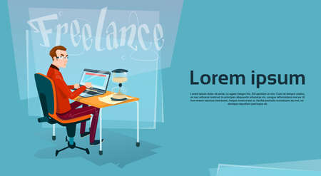 Casual Business Man Freelancer Working Laptop Computer Flat Vector Illustrationのイラスト素材