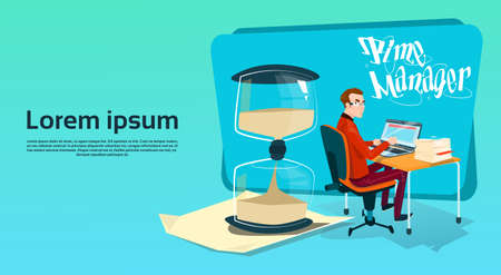 Business Man Freelancer Working Laptop Computer Sand Watch Time Management Concept Flat Vector Illustrationのイラスト素材