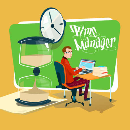 Business Man Freelancer Working Laptop Computer Sand Watch Time Management Concept Flat Vector Illustrationのイラスト素材