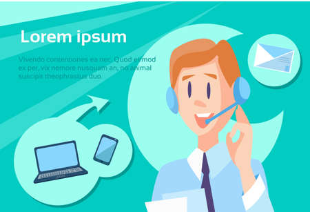 Call Center Operator Man Customer Support Internet Communication Flat Vector Illustrationのイラスト素材