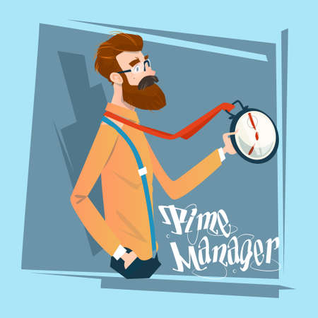Business Man With Clock Time Management Concept Flat Vector Illustrationのイラスト素材
