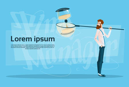Business Man With Sand Watch Time Management Banner Flat Vector Illustrationのイラスト素材